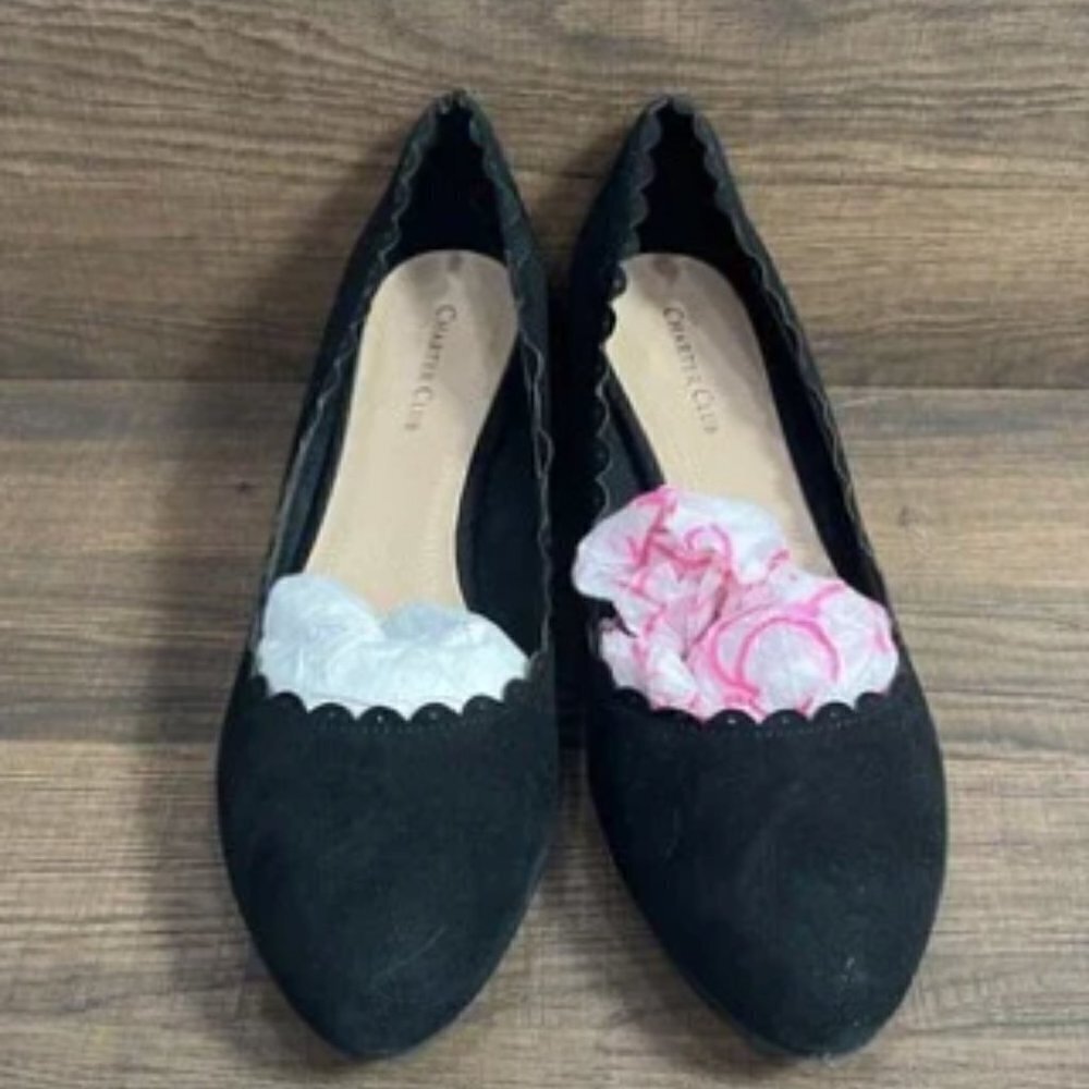 NWB Charter Club Wandaa Suede Wedge Heels 8.5M Almond Toe Scalloped Trim Black